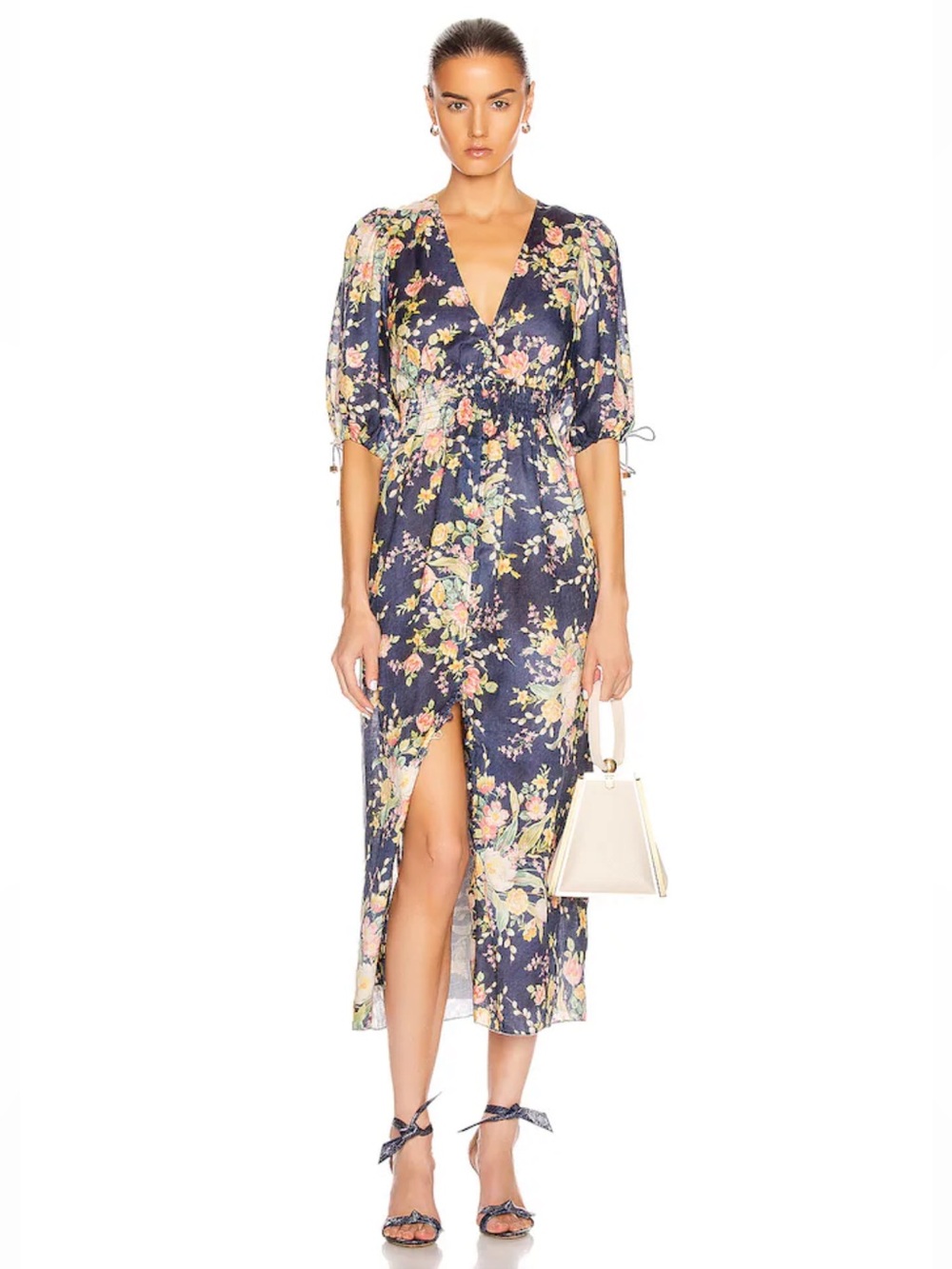 Zimmermann Zinnia Shirred Waist Floral
Linen Dress Cobalt Blue Womens US 10